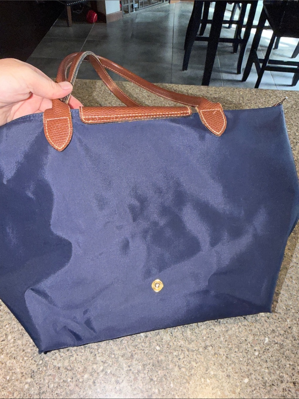 Longchamp Le Pliage Navy Tote with Brown Leather Trim - Authentic - Picture 3 of 8